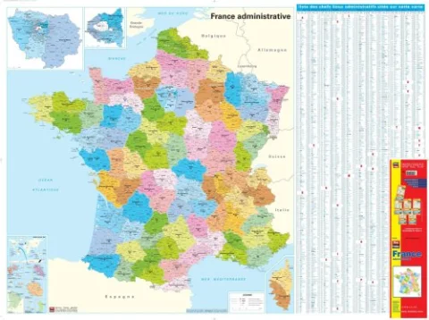 Carte murale papier : France : D�partements - R�gions (administrative)